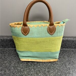 NWOT Morgan & Company Straw Purse Blue Green Handbag Brown Handle Beach Bag